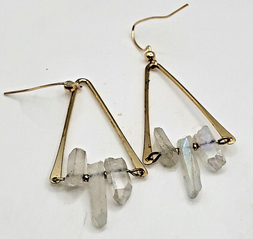 Luna Norte Iridescent AB Quartz Point Fish Hook Earrings Trapeze Wire Wrap 2.5in